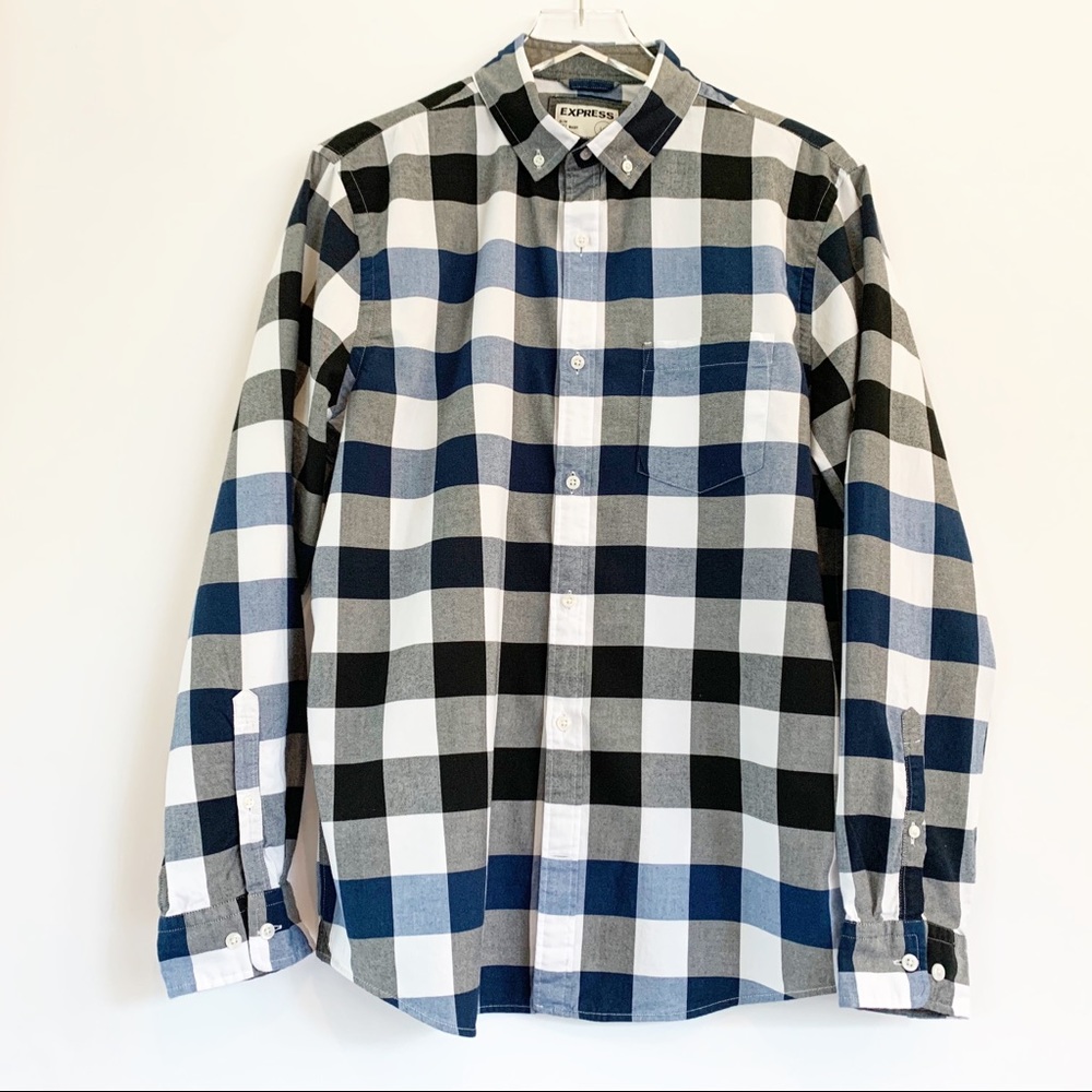 Express Men’s Blue/Black/White Pain Button Down L